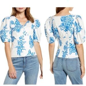 NWT ** Rachel Parcell Puff Sleeve Top Smocked Back Blue Floral Size L